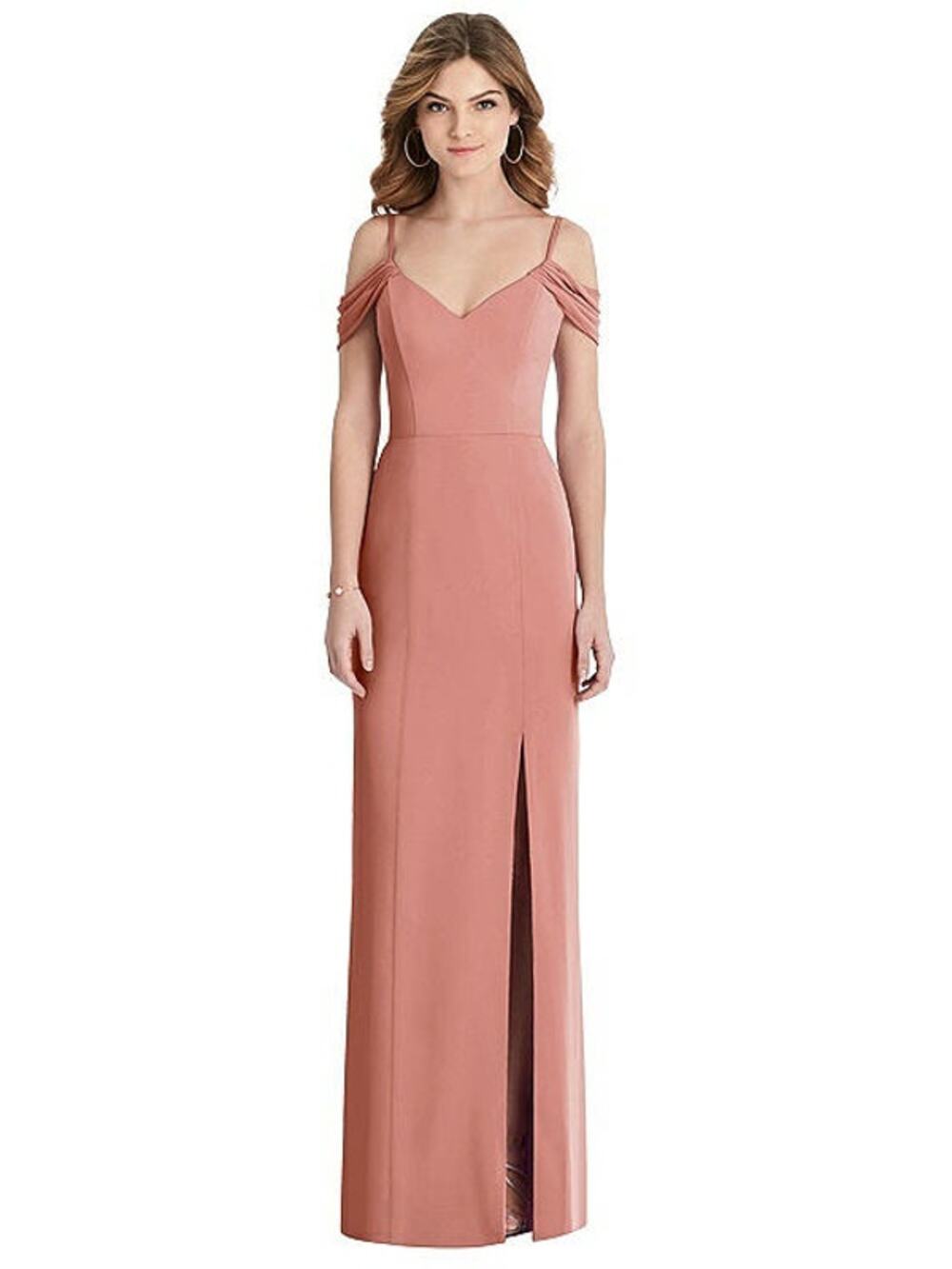 After Six 1517 Lux Chiffon Off Shoulder Maxi Bridesmaid Dress Sienna Peach 0 NWT